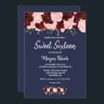Convites Marinho Azul-Sweet 16 Azul-Rosa Blush Burgundy<br><div class="desc">Marinho azul-Rosa azul-brilhante 16,  doce-azul,  cor-de-rosa-rosa e borgonha,  -de-vidro-rosa,  florais de cor-de-rosa-rosa e de vinho,  flores de aquarela pintadas à mão,  cor-de-rosa-suave e bolso</div>