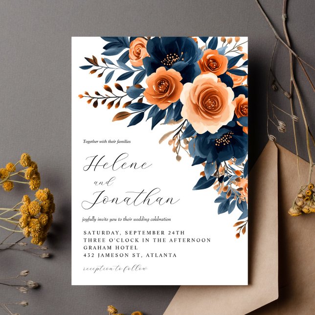 Convites Marinho Azul Terracotta Queimada Casamento Elegant (Navy Blue Terracotta Burnt Orange Elegant Wedding Invitation)