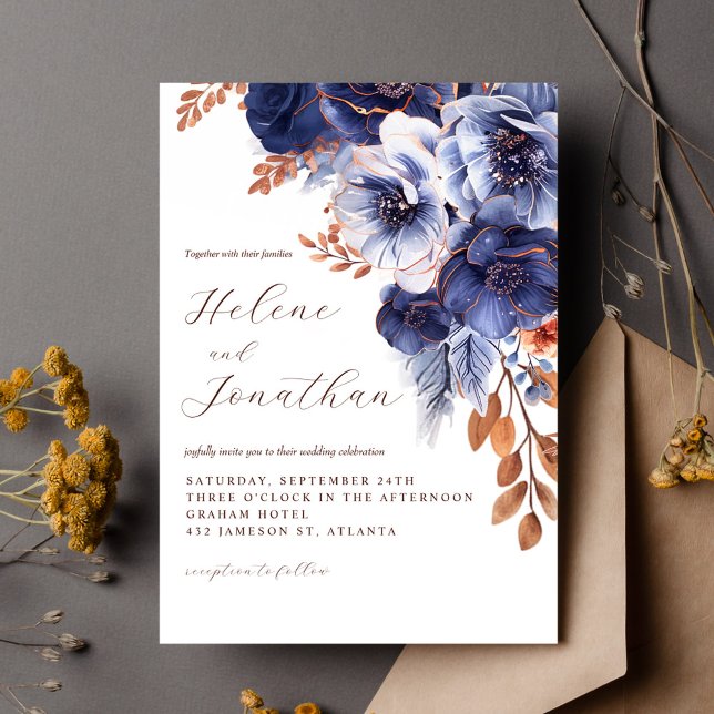 Convites Marinho Azul Terracotta Rust Casamento Elegante Fl (Navy Blue Terracotta Rust Floral Elegant Wedding Invitation)
