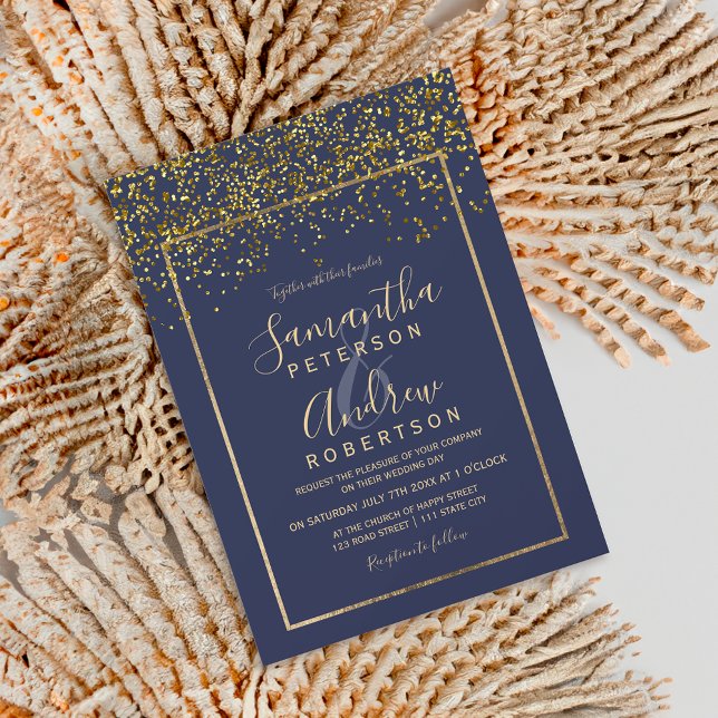 Convites Marinho azul-tipografia -dourado-chique casamento (Chic gold confetti navy blue typography wedding invitation)