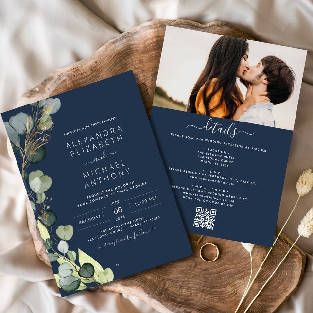 Convites Marinho Azul Tudo em Um Casamento de Código QR Euc (Criador carregado)