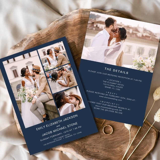 Convites Marinho Azul Tudo Em Um Casamento De Foto Minimali (Criador carregado)