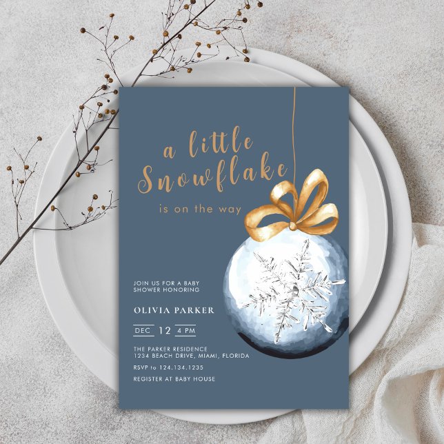 Convites Marinho Azul Um Pequeno Floco de neve Chá de frald (Navy Blue A Little Snowflake Winter Baby Shower Invitation)