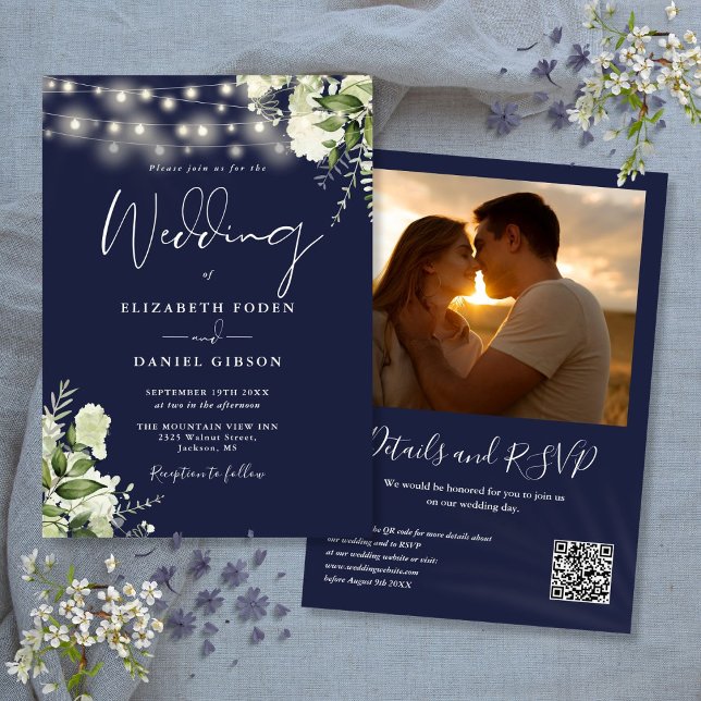 Convites Marinho Azul Verde Luzes QR Código Foto Casamento (Navy Blue Greenery Lights QR Code Photo Wedding Invitation)