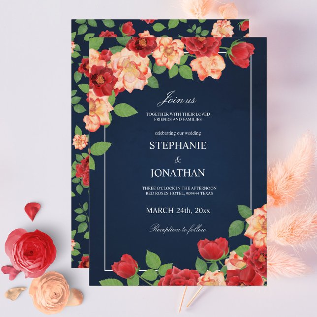 Convites Marinho Azul Vermelho e Rosas Laranja Queimados Ca (Navy Blue Red & Burnt Orange Roses Floral Wedding Invitation)