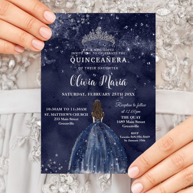 Convites Marinho Azul Vestido Silver Quinceañera (Criador carregado)