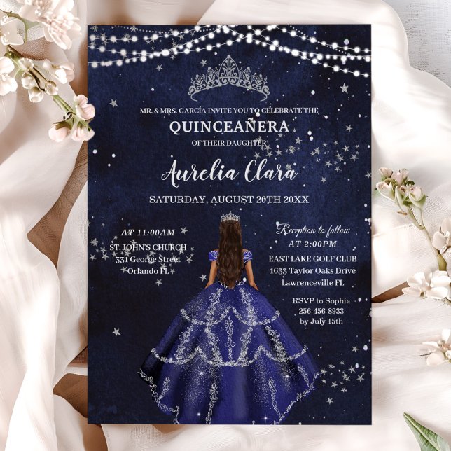Convites Marinho Azul Vestido Silver Quinceañera (Criador carregado)