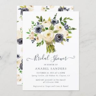 Convites Marinho bege floral Chá de panela de peônias de aq