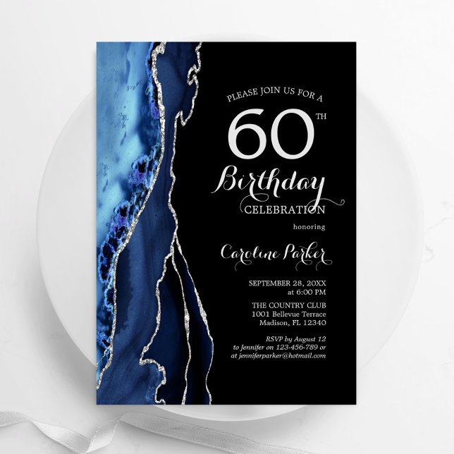 Convites Marinho Blue Agate Silver Black 60th Birthday (Criador carregado)
