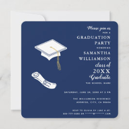 Convites Marinho Blue and White Photo Class of 2025 Graduat