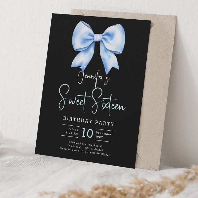 Convites Marinho Blue Arco Coquette Script Sweet 16 Black (Navy Blue Bow Coquette Script Sweet 16 Black Invitation)