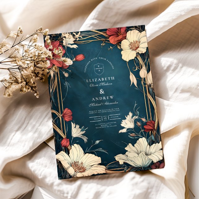 Convites Marinho Blue Art Nouveau Casamento (Criador carregado)