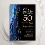 Convites Marinho Blue Black Dourado Agate Surprise 50th Bir<br><div class="desc">Marinho azul, preto e ouro agitam a surpresa 50º convite de aniversário. Elegante design moderno com cor azul-real de água agate marble geode fundo, fonte falsa de ouro brilhante e script de tipografia. Trendy convida o cartão perfeito para uma comemoração de dia das mulheres na moda. Impressos convites Zazzle ou...</div>