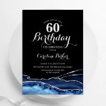 Convites Marinho Blue Black Silver Agate 60º aniversário<br><div class="desc">Marinho azul, preto e prateado agate 60º convite de aniversário. Elegante design moderno com cor azul-real de água agate marble geode fundo, faux glitter prata e script de tipografia. Trendy convida o cartão perfeito para uma comemoração de dia das mulheres na moda. Impressos convites Zazzle ou modelo de impressão digital...</div>