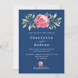 Convites Marinho Blue blush cor-de-rosa floral elegante cas