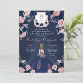 Convites Marinho Blue & Blush Pink Princess Castle Quinceañ