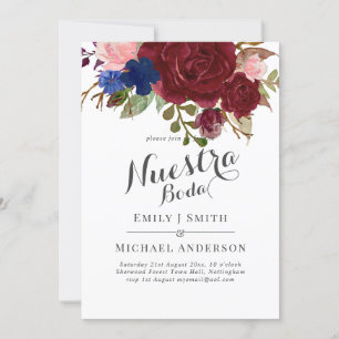 Convites Marinho Blue Burgundy Floral Nuestra Boda Espanhol