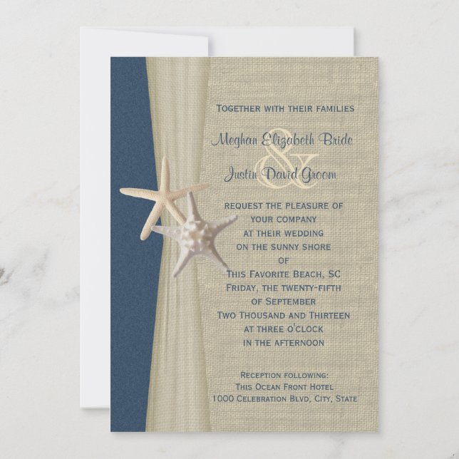 Convites Marinho Blue Burlap e Starfish Beach Weding (Verso)