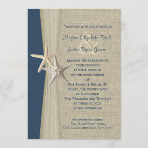 Convites Marinho Blue Burlap e Starfish Beach Weding