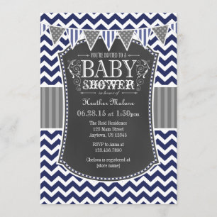 Convites Marinho Blue Chalkboard Chevron Chá de fraldas Inv