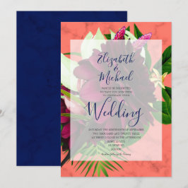 Convites Marinho Blue Coral Floral Elegante Moderno Casamen