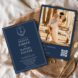 Convites Marinho Blue Crest Código QR Foto Elegante Casamen