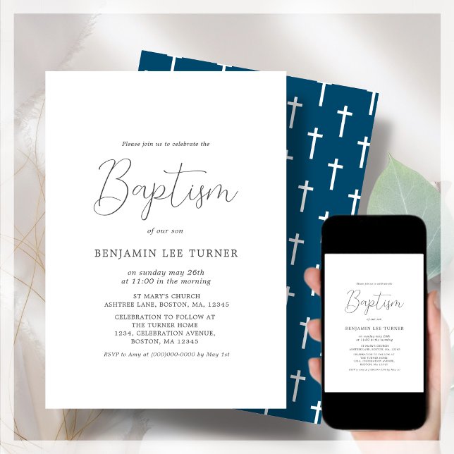 Convites Marinho Blue Cross | Batismo (Criador carregado)