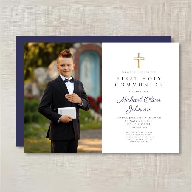 Convites Marinho Blue Cross Photo Boy First Communtion (Navy Blue Cross Photo Boy First Communion Invitation)