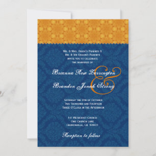 Convites Marinho Blue Damask and Dourado Stars Casamento S2