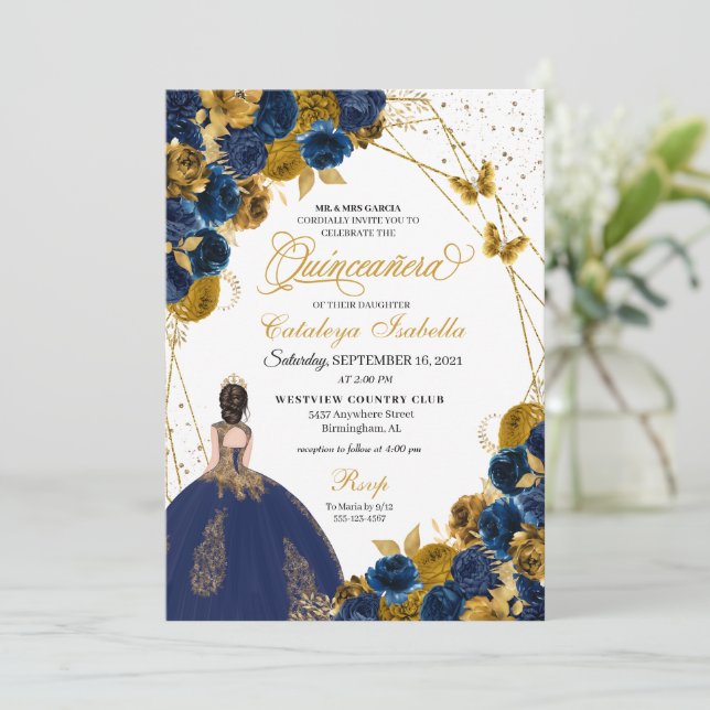 Convites Marinho Blue & Dourada Butterfly Princess Quincean (Em pé/Frente)
