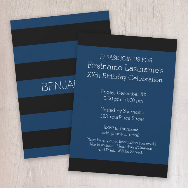 Convites Marinho Blue e Black Rugby Stripes com nome person (Black and navy blue rugby stripe birthday party invitation)