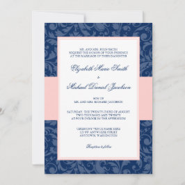 Convites Marinho Blue e Blush Pink Damask Swirl Casamento
