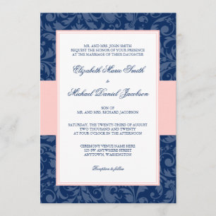 Convites Marinho Blue e Blush Pink Damask Swirl Casamento