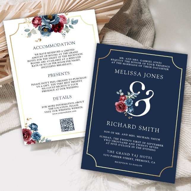 Convites Marinho Blue e Burgundy Floral Ampersand Wedding (Criador carregado)
