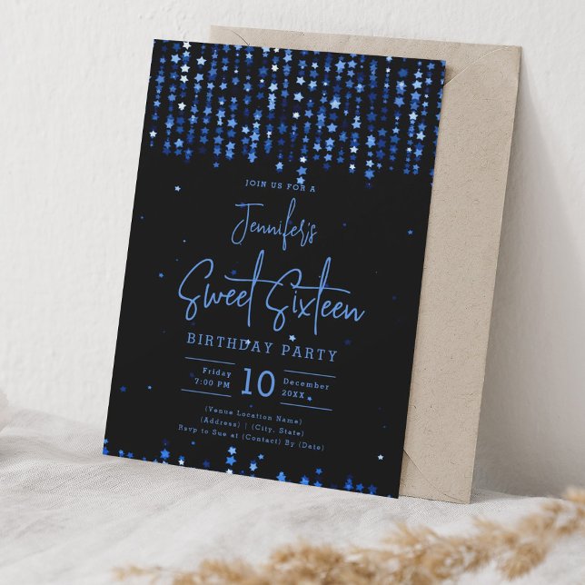 Convites Marinho Blue Falling Stars Sweet 16 Festa de anive (Navy Blue Falling Stars Sweet 16 Birthday Party Invitation)