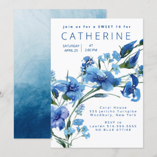 Convites Marinho Blue Floral Sweet 16 Party