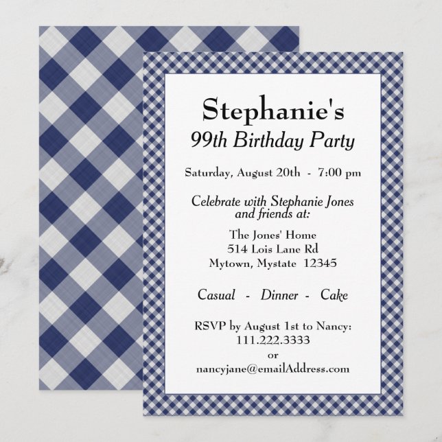 Convites Marinho Blue Gingham Verifica Padrão Para Todas As (Frente/Verso)