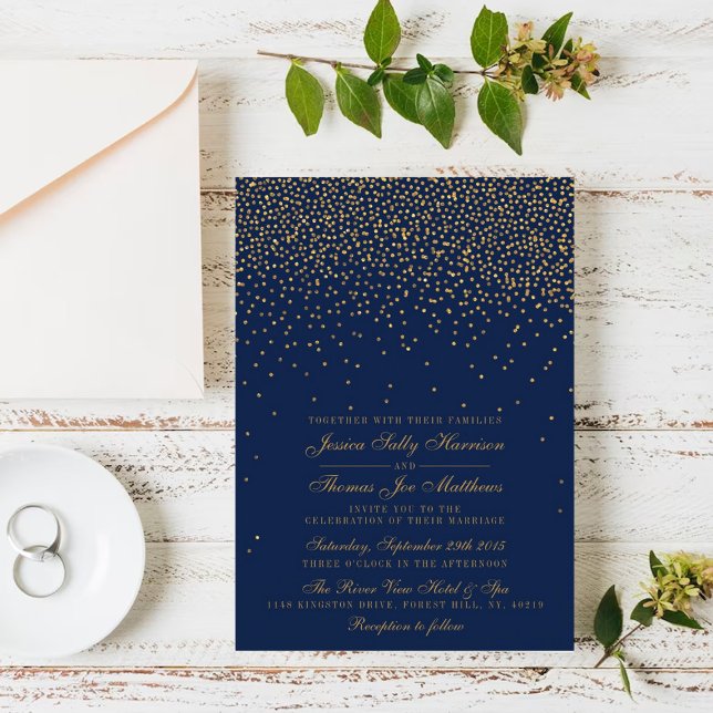 Convites Marinho Blue & Glam Dourado Casamento Confetti (Criador carregado)