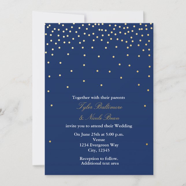 Convites Marinho Blue Gold Foil Dots Modern Wedn Invitation (Frente)