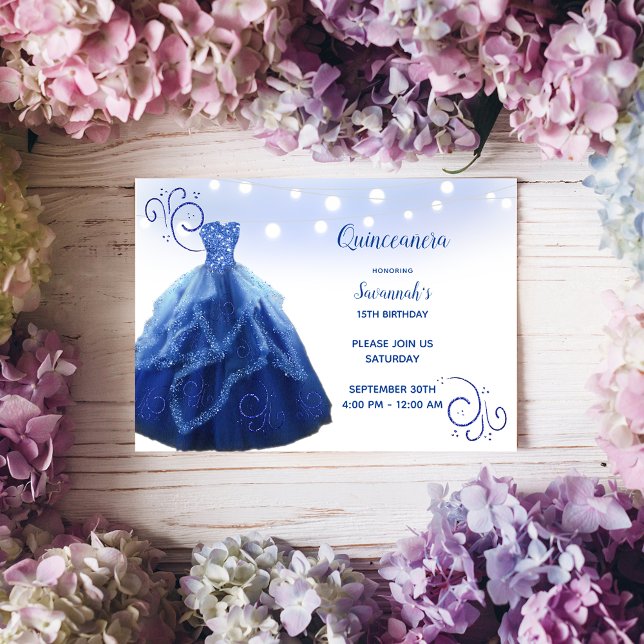 Convites Marinho Blue Gown String Luz Quinceanera (Criador carregado)