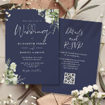 Convites Marinho Blue Greenery Floral Código QR Casamento<br><div class="desc">Este elegante verde botânico azul-marinho deixa o convite para casamento pode ser personalizado com suas informações em tipografia química com seus detalhes do site de casamento e seu código QR no verso. Projetado por Thisnotme©</div>