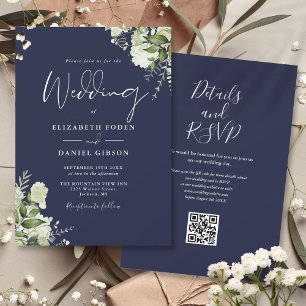 Convites Marinho Blue Greenery Floral Código QR Casamento