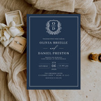 Marinho Blue Leafy Crest Monograma Elegante Casame