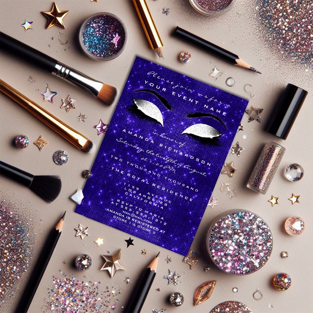 Convites Marinho Blue Makeup White Sparkly Glitter 16ª Brid (Navy Blue Makeup White Sparkly Glitter 16th Bridal Invitation)