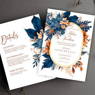 Convites Marinho Blue Orange Floral Elegante Tudo Em Um Cas