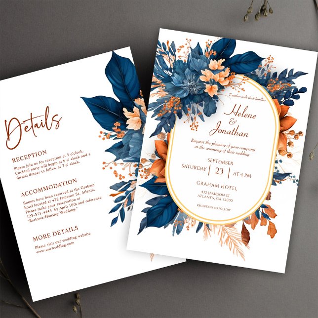 Convites Marinho Blue Orange Floral Elegante Tudo Em Um Cas (Floral Modern Rustic All In One Elegant Wedding Invitation)