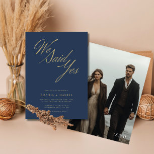Convites Marinho Blue Ouro Script Nós Dissemos Sim Casament