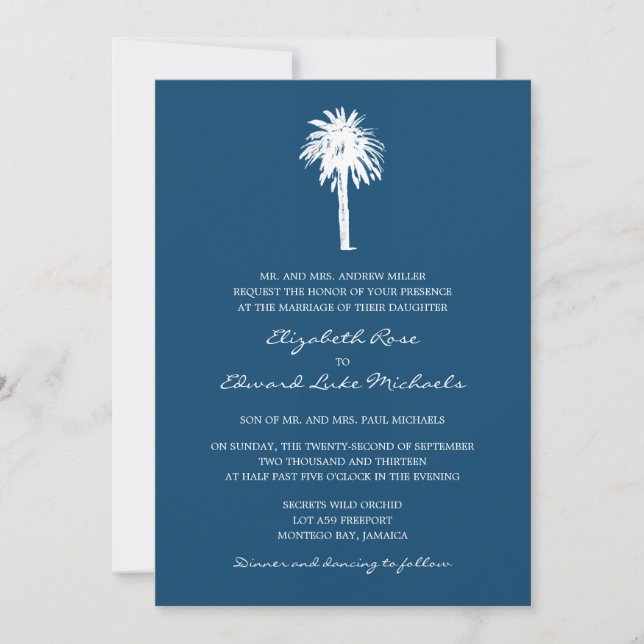 Convites Marinho Blue Palm Tree Casamento (Frente)