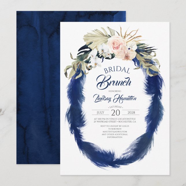 Convites Marinho Blue Pampas Grass Tropical Bridal Brunch (Frente/Verso)