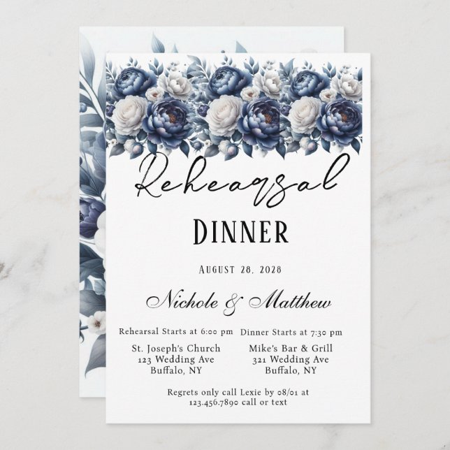 Convites Marinho Blue Peonies & White Rose Janto de ensaio (Frente/Verso)